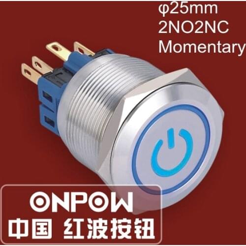 ONPOW 25mm 2NO2NC Stainless Steel Momentary Power Push Button Switch, Power Symbol+Ring LED switch (GQ25-22ET/B/12V/S) CE, RoHS