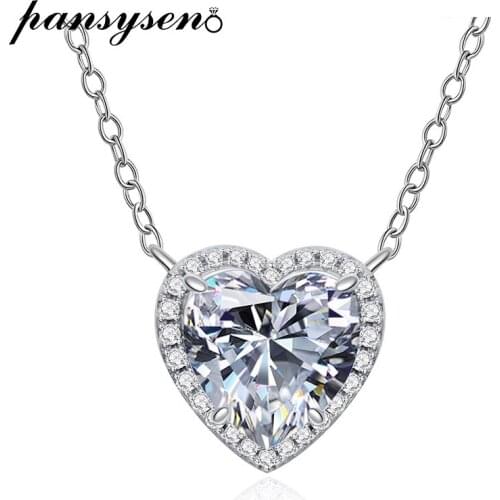 PANSYSEN Solid 925 Sterling Silver Love Heart Created Moissanite Gemstone Pendant Necklaces Choker Statement Women Necklace Gift