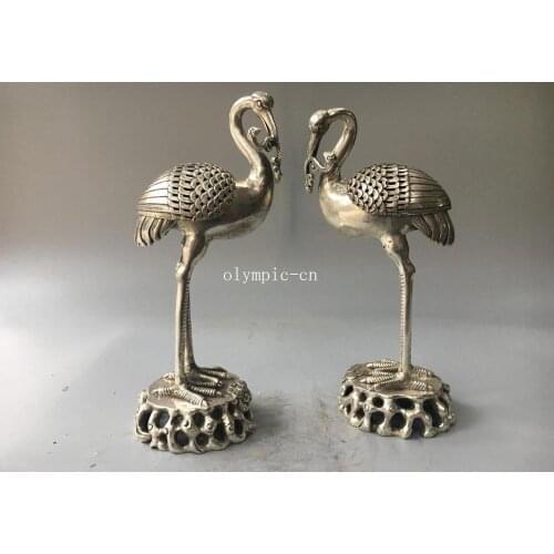 Pair 12'' tibetan bronze silver carved bird crane incense burner statue