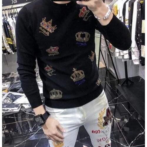 Drop shipping hot diamond crown sweater mens fashion brand autumn winter mens long sleeve young man sweater