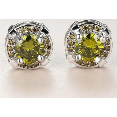 Luxury Female Olive Green Crystal Earring Charm Silver Color Stud Earrings Cute Bride Round Zirconia Wedding Earrings For Women