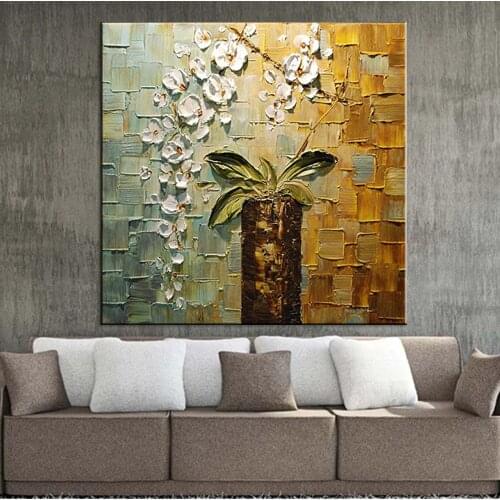 Hand-painted modern home decor room hall wall art picture white orchid flower thick colors palette knife oil painting on canvas