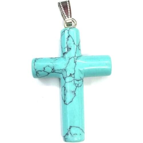 Silver Plated Cross Shape Green Turquoises Stone Pendant Cherry Quartz for Prayer Gift Jewelry