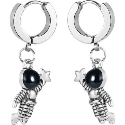 Stainless Steel Stud Earrings For Women Men Fashion Cute Cartoon Astronaut Spaceman Star Pendant Clip Ear Jewelry