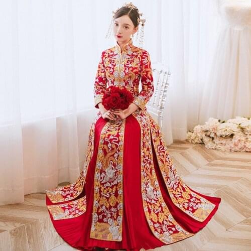 Oversize 6XL Traditional Flower Phoenix Embroidery Bride Groom Wedding Dress Retro Chinese Refined Stylish Marry Cheongsam