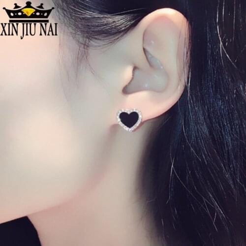 Top Fashion Delicate Black Acrylic Zircon Crystal Heart Earrings Rose Gold Color Anti-Allergy Stud Earrings Women Jewelry