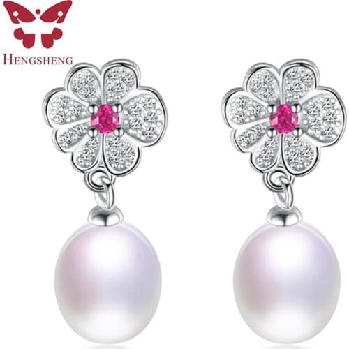 HENGSHENG Silver Drop Pearl Earrings,Red Zircon Flower Women Earrings,Natural Freshwater Pearl,White/Black/Pink,Fashion Jewelry