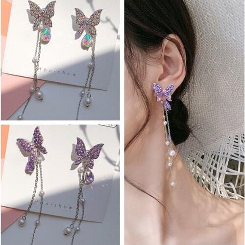 Fashion Korean Shiny Butterfly Rhinestone Drop Earrings for Women Elegant Pearl Tassel Party Jewelry