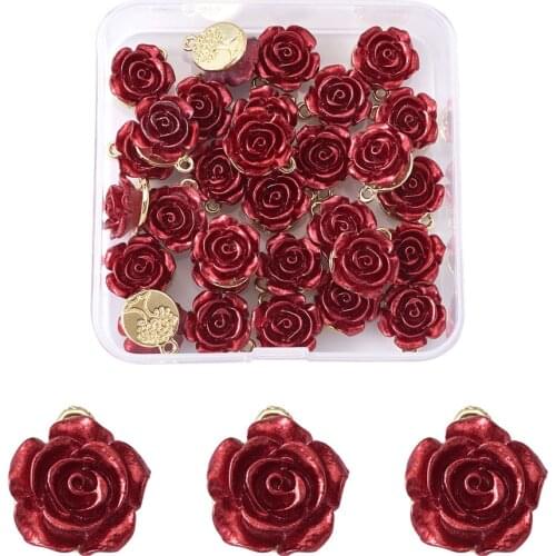30pcs Light Gold Plated 3D Dark Red Rose Flower Alloy Charm Pendants for Valentines Day DIY Bracelet Jewelry Making 15x12x8mm