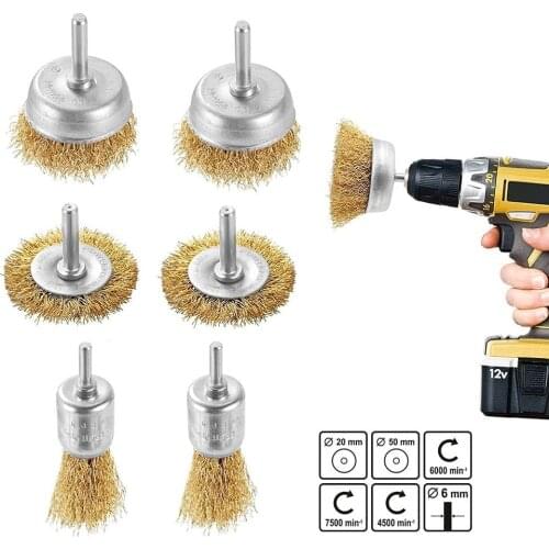 6 Pcs Wire Brush Brass-plated Steel Wire Cup Brush W/ 6mm Dia Shank Polishing Brushes For Electric Drill Attachment
