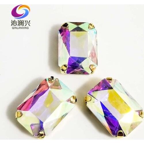 AB color Rectangle shape Glass Crystal sew on stones,golden bottom claw rhinstone,Diy/Clothing accessories SWCG23