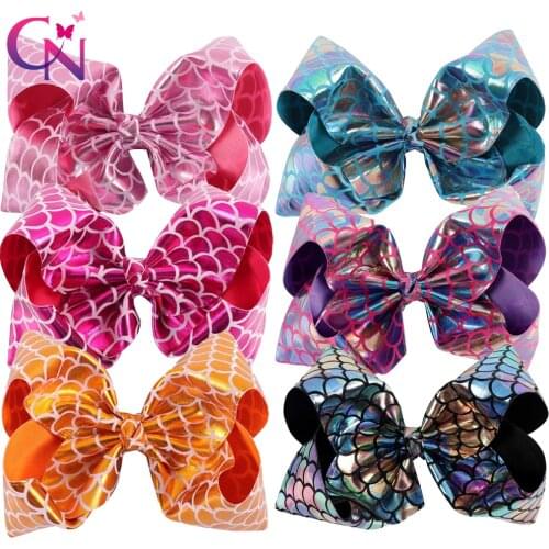 CN 6Pcs/lot 8" Mermaid Hair Bows With Clips For Kids Girls Handmade Fish Scales Metallic Fabric Bows Hairgrips Hair Accessories