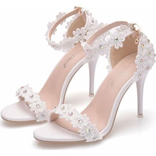 Women sandals wedding Party banquet Lace PU Rhinestones Buckle Strap 9.5CM Thin High Heels Round Toe women shoes size 35-42