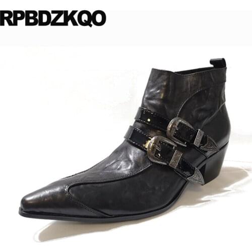 Black ankle chunky full grain mens high heel boots zipper metalic shoes pointed toe embellished plus size motorcycle italian