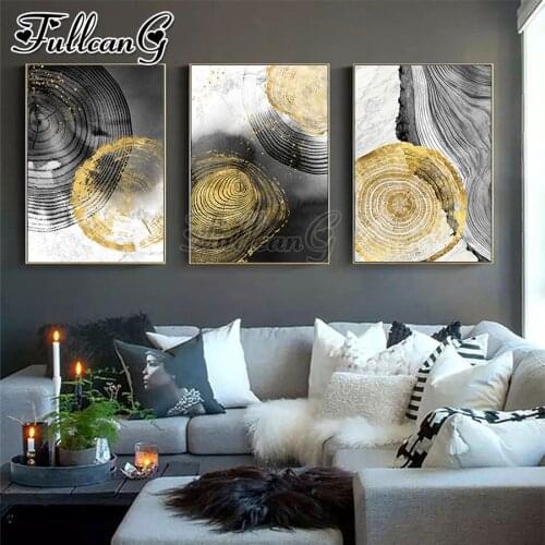 FULLCANG 5d diy diamond embroidery black Ink Annual Ring Abstract diamond painting triptych full square round drill FC2974