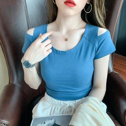 T-shirt Short Sleeves 2021 New Korean Skinny Pure Cotton T-shirts Girls Ladies Sexy Top Basic Shirts Tee Tees off Strapless