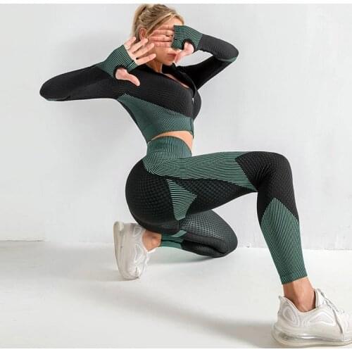 SALSPOR Seamless Fitness Set Women Slim Workout Tops High Waist Push Up Leggings Suits Female Long Sleeve Zipper Tops Feminine