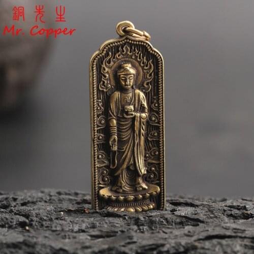 Copper Sakyamuni Buddha Statue Tags Ornaments Brass Key Chains Necklaces Pendants Buddhism Mantra Amulet Home Desk Decorations