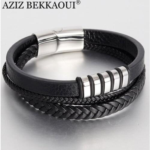 AZIZ BEKKAOUI Stainless Steel Multi-layer Leather Mens Simple Bracelets Leather Bracelet For Men Gift Dropshipping Three colors