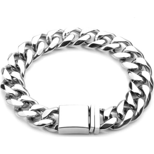 Punk Stainless Steel Bracelets Silver Color Fastener 14.5MM Width Punk Curb Cuban Link Chain Bracelets New Trendy For Men