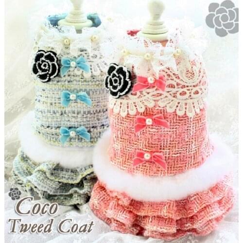 Handmade Luxury Twin Sets Dog Clothes Elegant Fashionable Camellia Fine Color Weave Tweed Coat Cake Skirt Dog Dress Cats Outfit