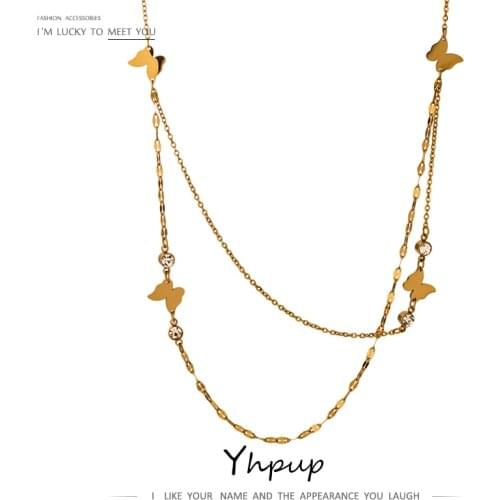 Yhpup Exquisite Butterfly Stainless Steel Choker Necklace for Women Luxury Rhinestone Layered Metal Necklace Jewelry Gift 2021