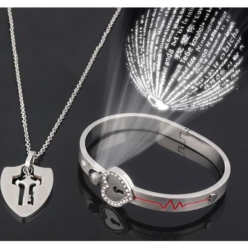 Matching Puzzle Couple Heart Lock Bracelet and Key Pendant Necklace for Lover Jewelry Gift