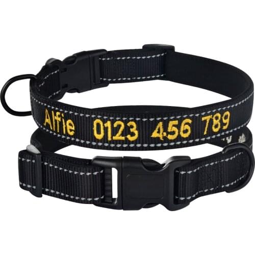 Adjustable Nylon Personalised Embroidered Dog Collar Puppy ID Collars Reflective