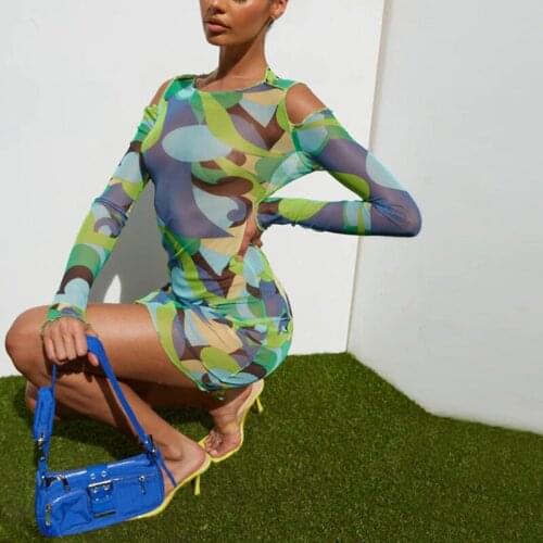 OMSJ Mesh Print See Through Sexy Club Short Dresses 2021 Fashion Women Off Shoulder Full Sleeve Skinny Basic Cut Out Streetwear