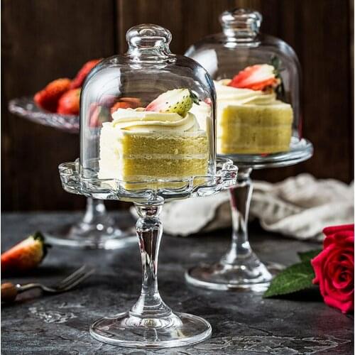 European-style Glass Cake Tray with Lid Dust-proof Household Pastry Tray Western Dessert Tray Kitchen Tall Storage Tray
