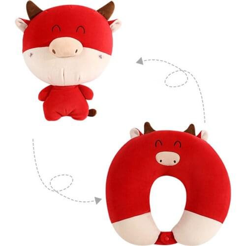 Chinese Cartoon Year Of The Ox U-Shaped Dual-Purpose Pillow 2021 Chinese Ox New Year Lucky Zodiac Home Car Decorations J2Y