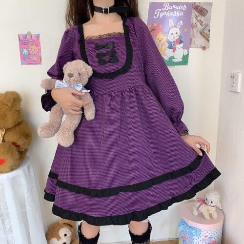 Japanese Kawaii Soft Girly Dress Vintage Lolita Gothic Square Collar Lace Bow Ruffles Dress Harajuku New Puff Sleeve Plaid Dress