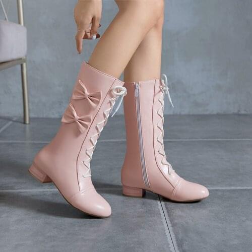 YQBTDL 2020 Fashion White Pink Cosplay Princess Knight Mid Long Riding Boots Chunky Heel Womens Girl Cross Tied Bow Lolita Shoes