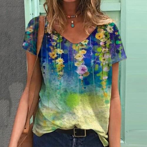 Plus Size Printed Tshirt Women Jacquard Short Sleeve V-neck Tops Tshirt Leisure Tshirt Women Clothing Vintage Femme T-shirts @40