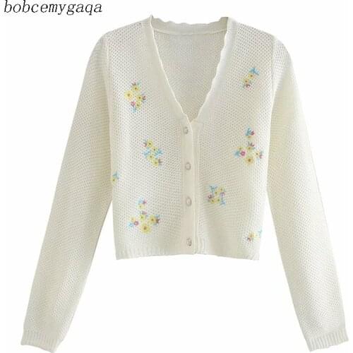 Embroidery cardigan sweater women v neck autumn winter long sleeve knitted cardigan sweater white casual knit cardigan sweater