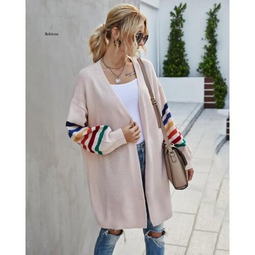 Women Coats Knitted Casual Long Sleeve Long Cardigans Rainbow Stripes Fall Coats Loose Sweater Tops Outfits New Fashion