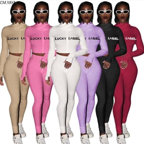 CM.YAYA Active Wear Knitted Ribbed Womens Set Lucky Label Embroidery Zipper Tops Pencil Pants Suit Tracksuit Two Piece Set