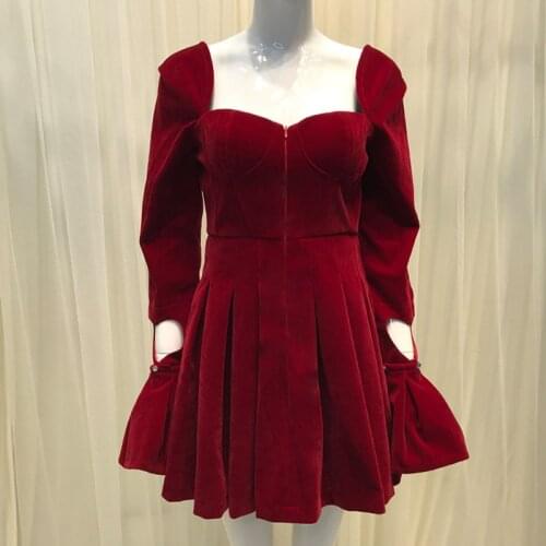 Women Velvet Ball Gown Dress Diamonds Spring Autumn Detachable Sleeve Sexy Backless High Waist Tunic Dress