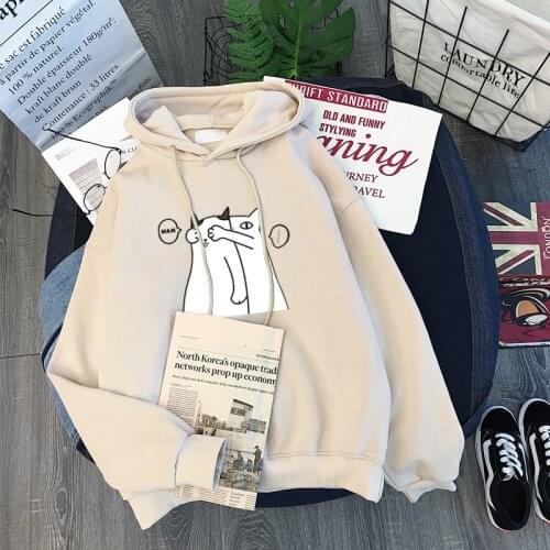 Winter Women Hoody Sweatshirt Print Hide And Seek Couple Kitten Harajuku Lady Pullover Casual Students Long Sleeves Tops Female