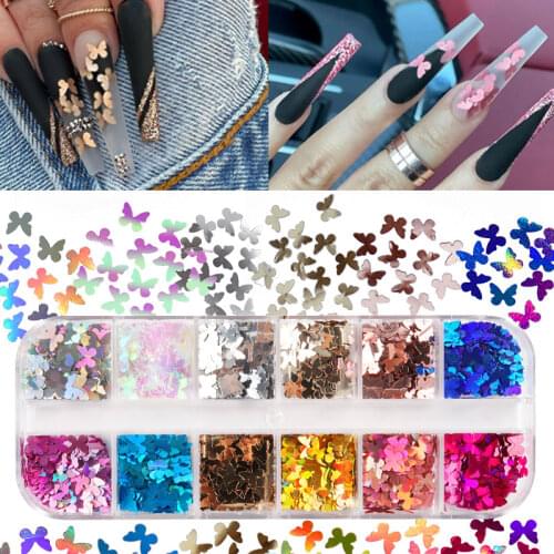 12 Grids/Set Metallic Luster Nail Sequins Holographic Flake Butterfly Shape Nails Decoration Accessories For DIY Manicure Design