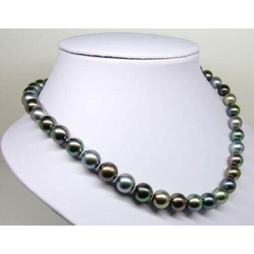 18"8-9mm Tahitian genuine black peacock green multicolor round pearl necklace