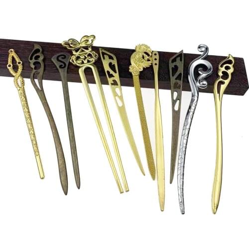 2021 Vintage Bronze Hollow Out Carved Hairpin Metallic Hair Clip Hair Stick Curved Fork Hairpin Hair Accessories Styling Tools