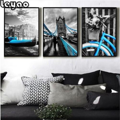 Diamond Painting 3 Pieces City Blue Lift Bike London Bridge Rhinestone Full Square Diamond Embroidery Mosaic Handmade Hobby Art