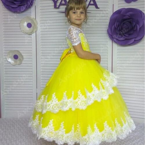 Amaya Yellow Flower Girls Dresses for Wedding Lace Appliques Pageant Communion Birthday Gowns Short Sleeves Vestido de Niña