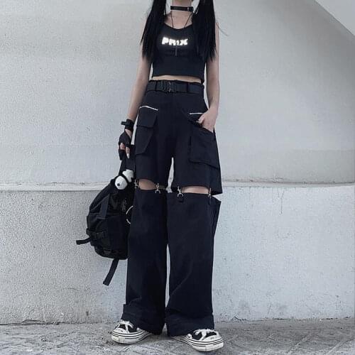 Harajuku Gothic Black Cargo Pants Y2k Women Streetwear Hollow Out Punk Wide Leg Oversize Pockets Trousers For Female Hip Hop