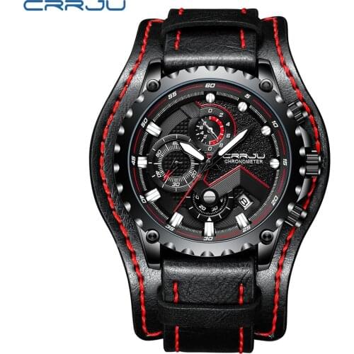 CRRJU New Men Watch Leather Chronograph Automatic Date Male Sport Quartz Watches Mens Luxury Brand Waterproof Clock