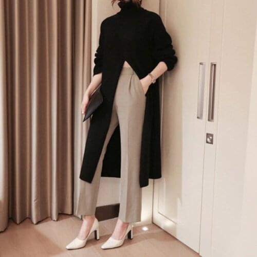 HSATR Split Black Sweater Women Long Sleeve Turtleneck Knitted Pullover Tops Female Clothes Korean 2020 Winter New