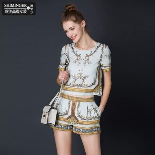 Palace short sleeve printed shirt + fashion shorts two pieces sets female fashion pattern was thin nice suits Установить wq2342