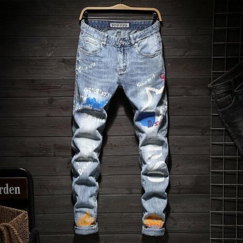 Brand Designer Mens Slim Fit Washed Jeans Fashion Printed Long Trousers High Street Hip Hop Denim Pants Cowboy Pencil Pants 38