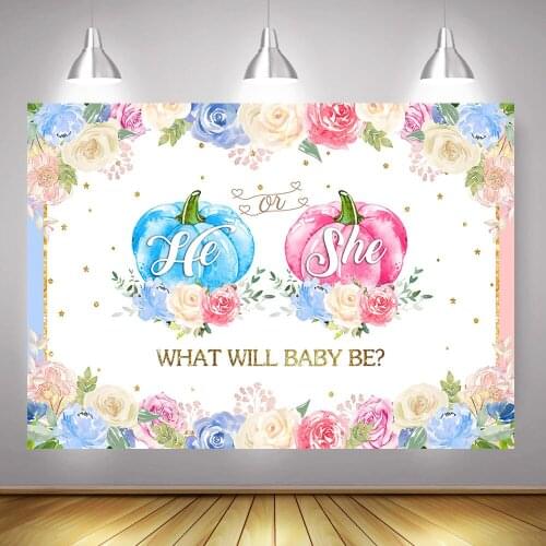 Pumpkin Gender Reveal Party Backdrop Baby Shower Newborn Little Floral Pumpkin Background He or She Fall Flowers Photography